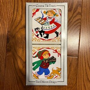 Jasco Christmas Ceramic tile trivets girl baking boy carrying wood